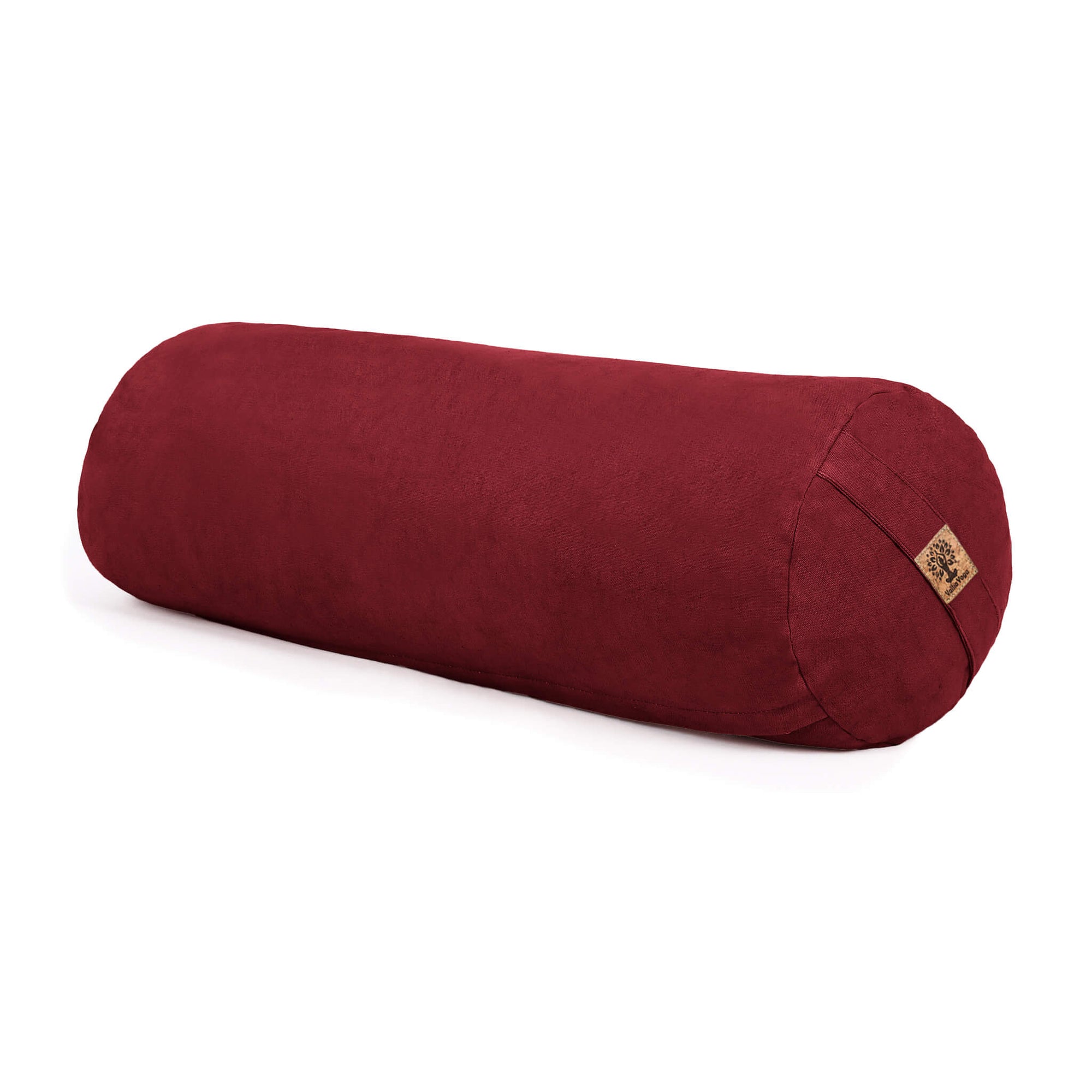 A cylindrical red fabric bolster with a small cork brand tag, shown on a clean white background